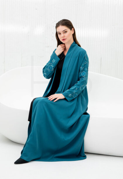 Teal Abaya with Embroidered Sleeve