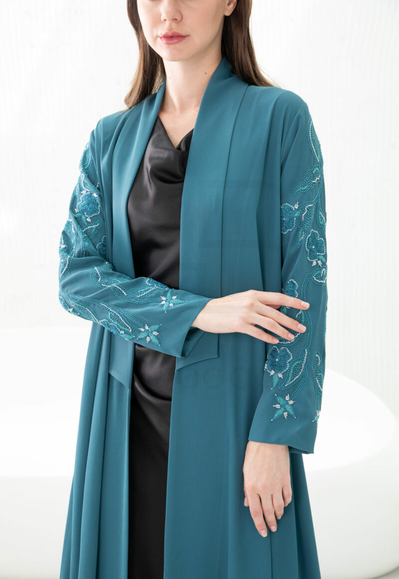 Teal Abaya with Embroidered Sleeve - Image 2