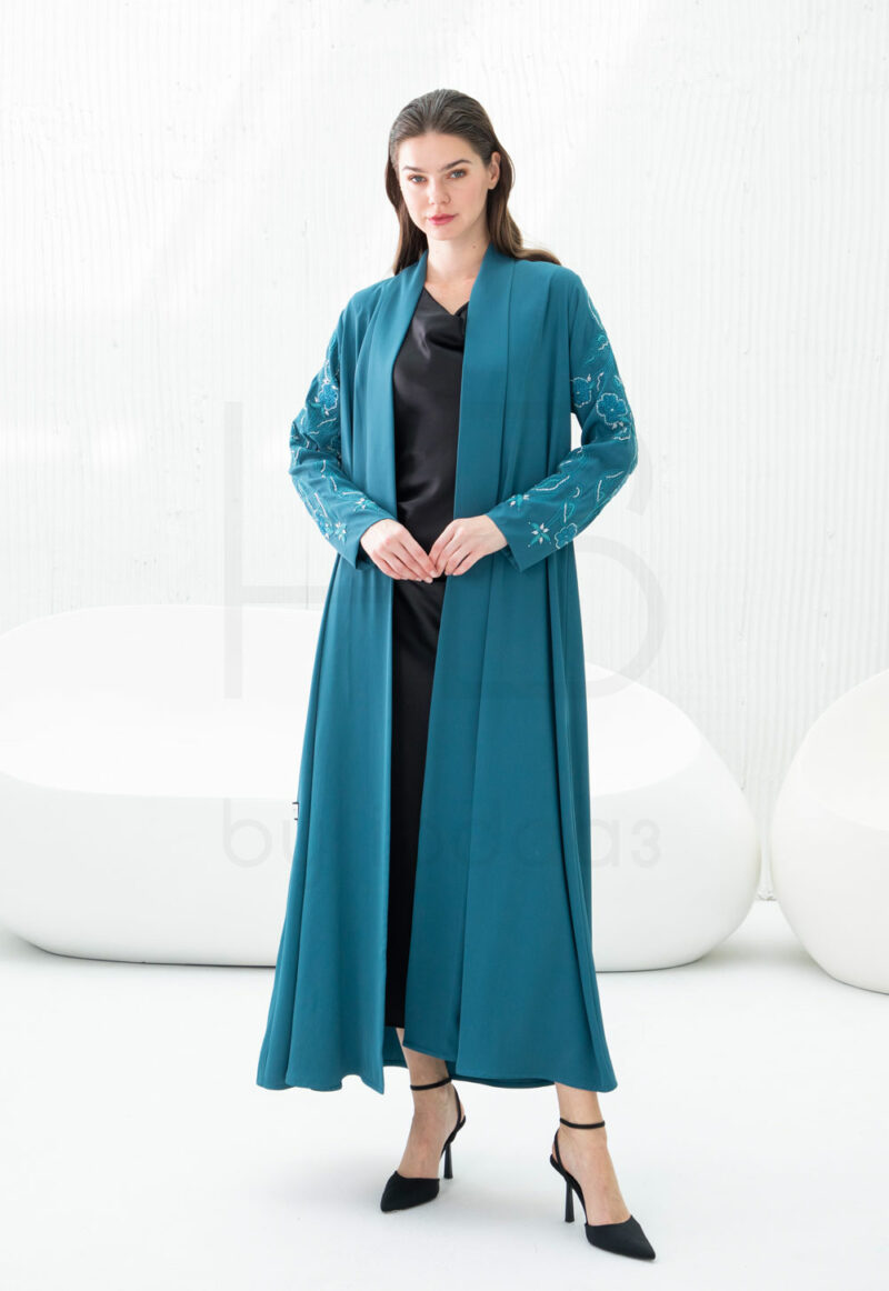 Teal Abaya with Embroidered Sleeve - Image 3