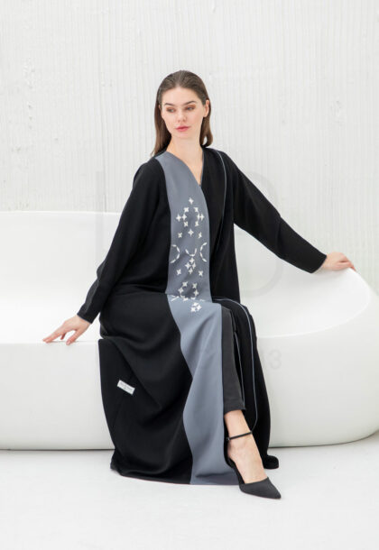 Black & Grey Abaya with Embroidered Geometric Panel