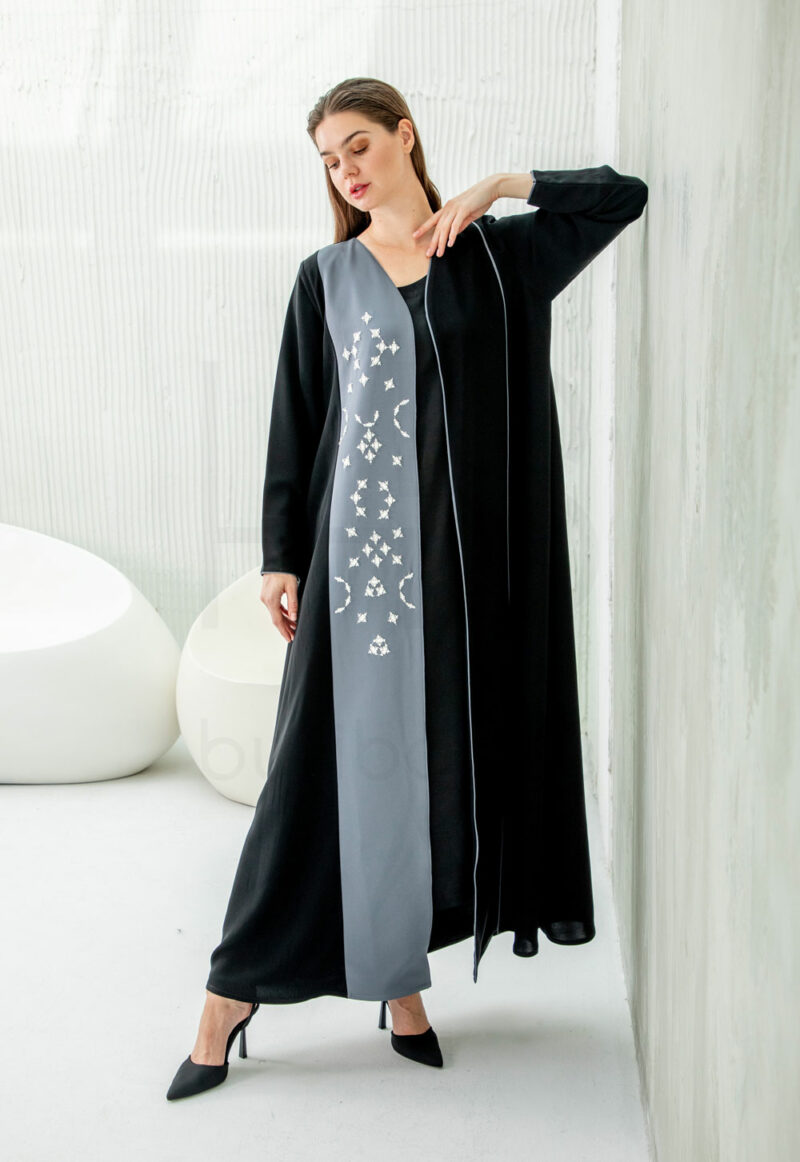Black & Grey Abaya with Embroidered Geometric Panel - Image 2
