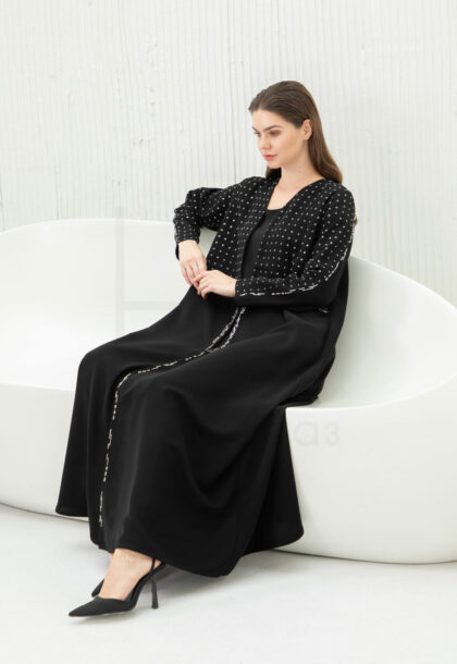 Black Abaya with Polka Dot & Beaded Panel