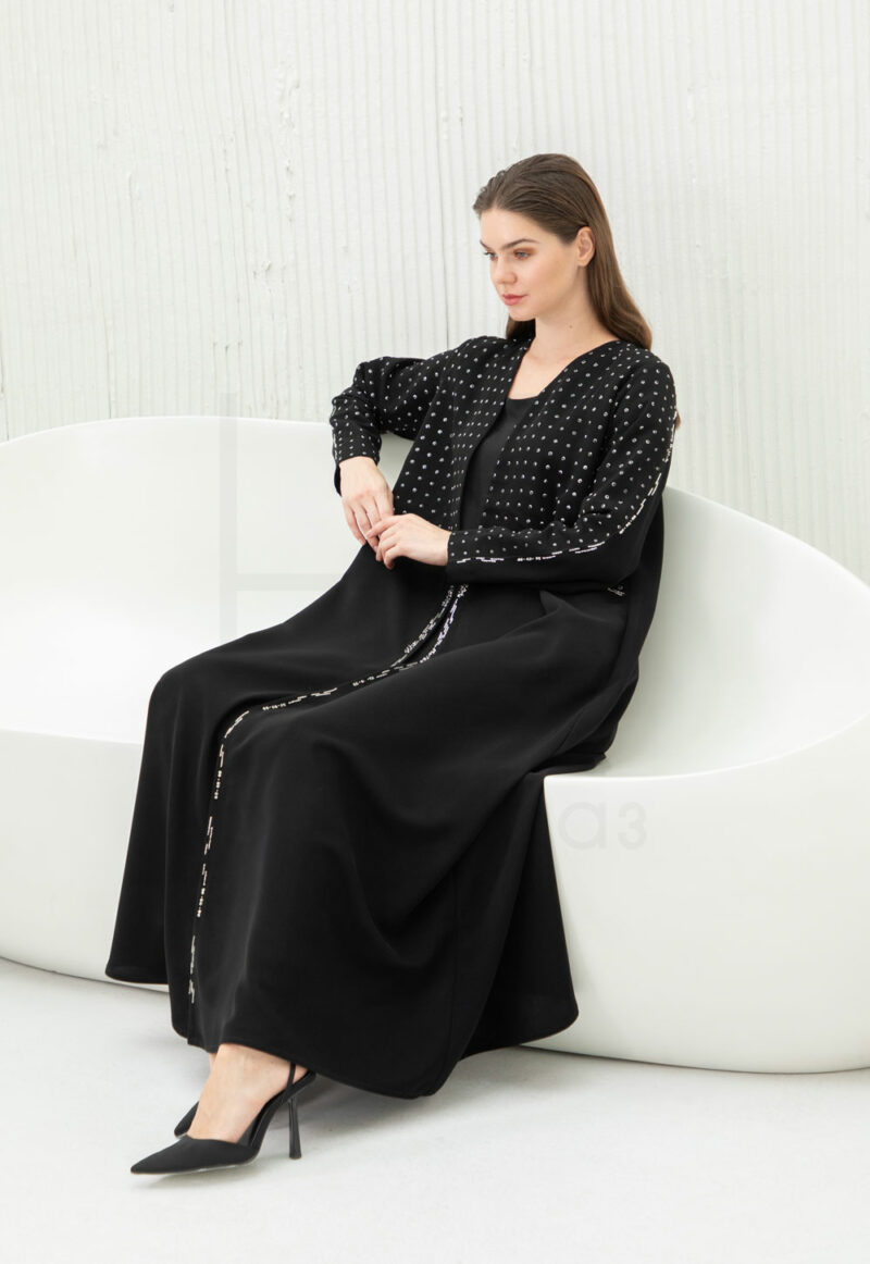Black Abaya with Polka Dot & Beaded Panel