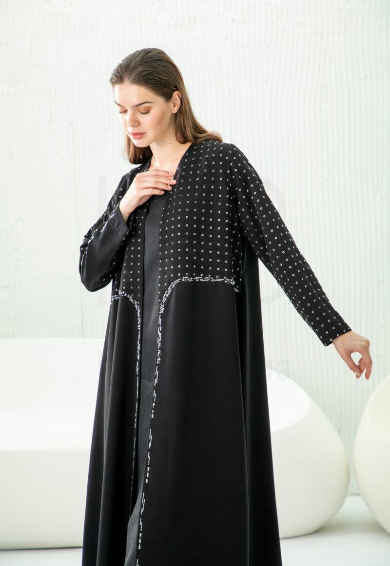 Black Abaya with Polka Dot & Beaded Panel - Image 2