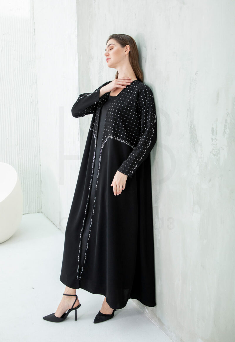 Black Abaya with Polka Dot & Beaded Panel - Image 3