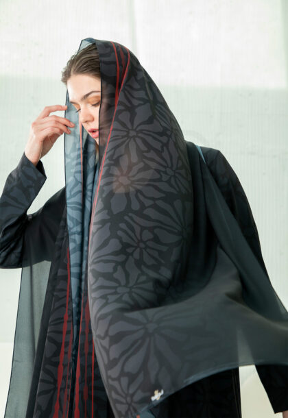 Charcoal & Red Printed Abaya with Floral & Geometric Border Detail
