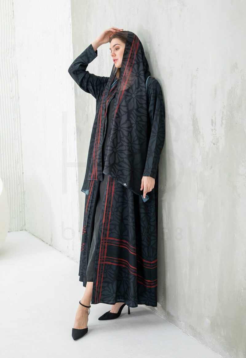 Charcoal & Red Printed Abaya with Floral & Geometric Border Detail - Image 2