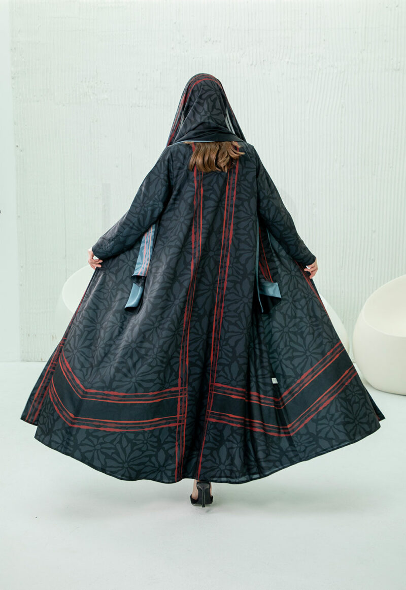 Charcoal & Red Printed Abaya with Floral & Geometric Border Detail - Image 3