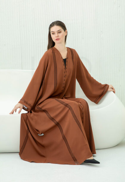 Caramel Brown Abaya with Embroidered Lattice Detail
