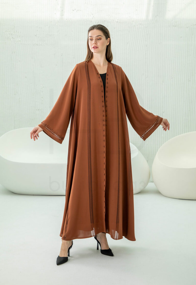 Caramel Brown Abaya with Embroidered Lattice Detail - Image 2