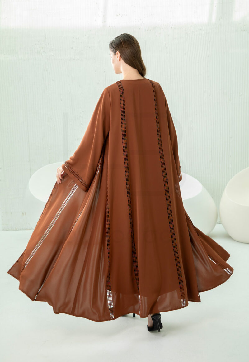 Caramel Brown Abaya with Embroidered Lattice Detail - Image 3