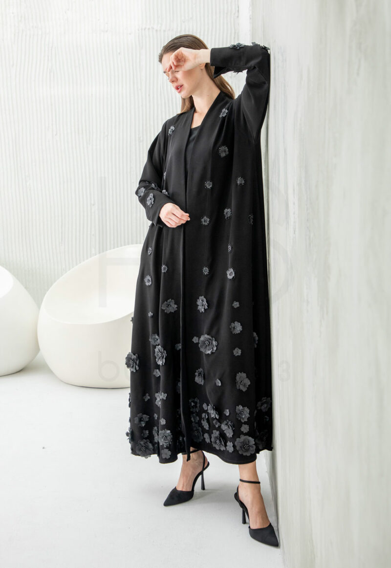 Black Abaya with 3D Floral Embroidery Detail - Image 2