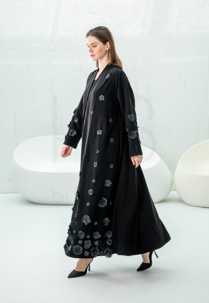 Black Abaya with 3D Floral Embroidery Detail - Image 3