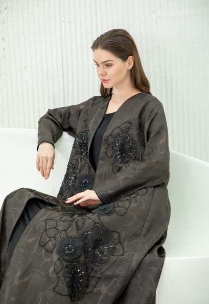 Charcoal Grey Embroidered Abaya with Elegant Floral Design