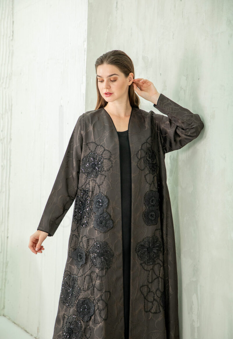 Charcoal Grey Embroidered Abaya with Elegant Floral Design - Image 2