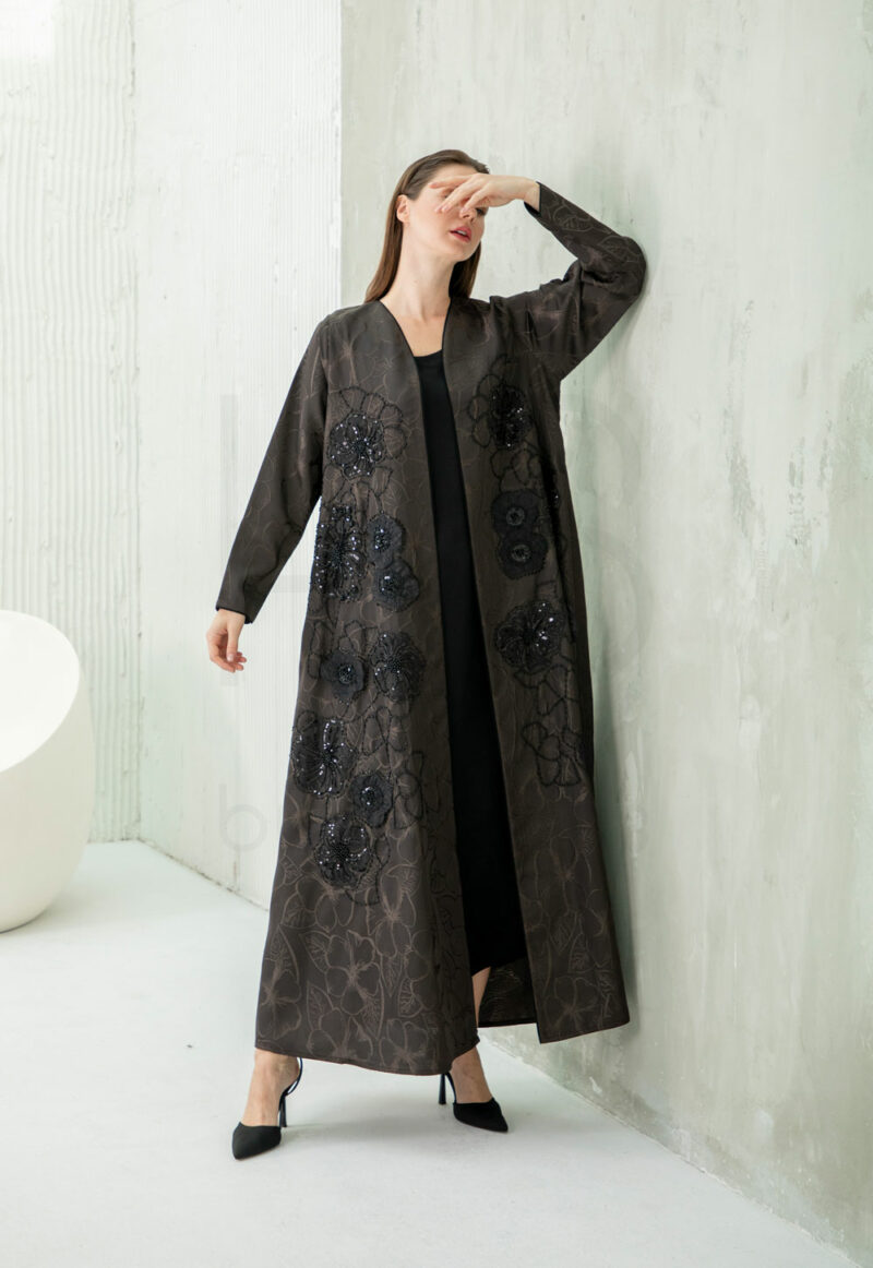 Charcoal Grey Embroidered Abaya with Elegant Floral Design - Image 3