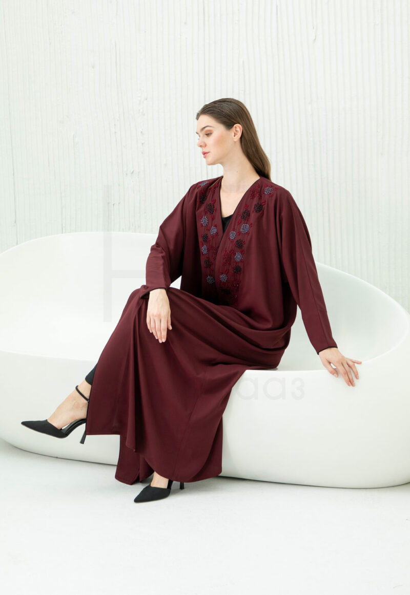 Burgundy Abaya with Beaded Floral Embroidery Detail