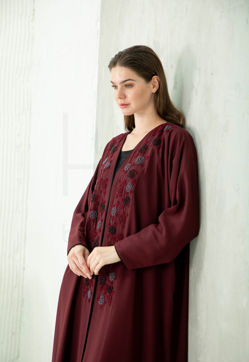 Burgundy Abaya with Beaded Floral Embroidery Detail - Image 2