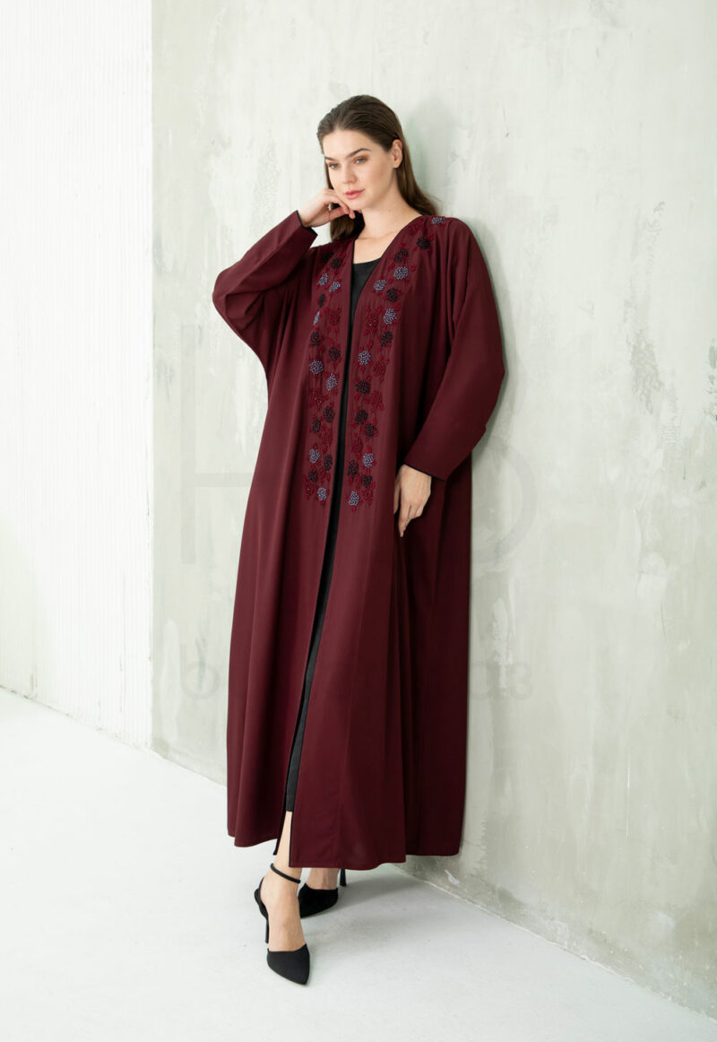 Burgundy Abaya with Beaded Floral Embroidery Detail - Image 3