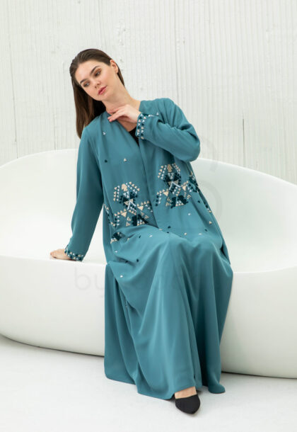 Teal Abaya with Geometric Embroidery Detail