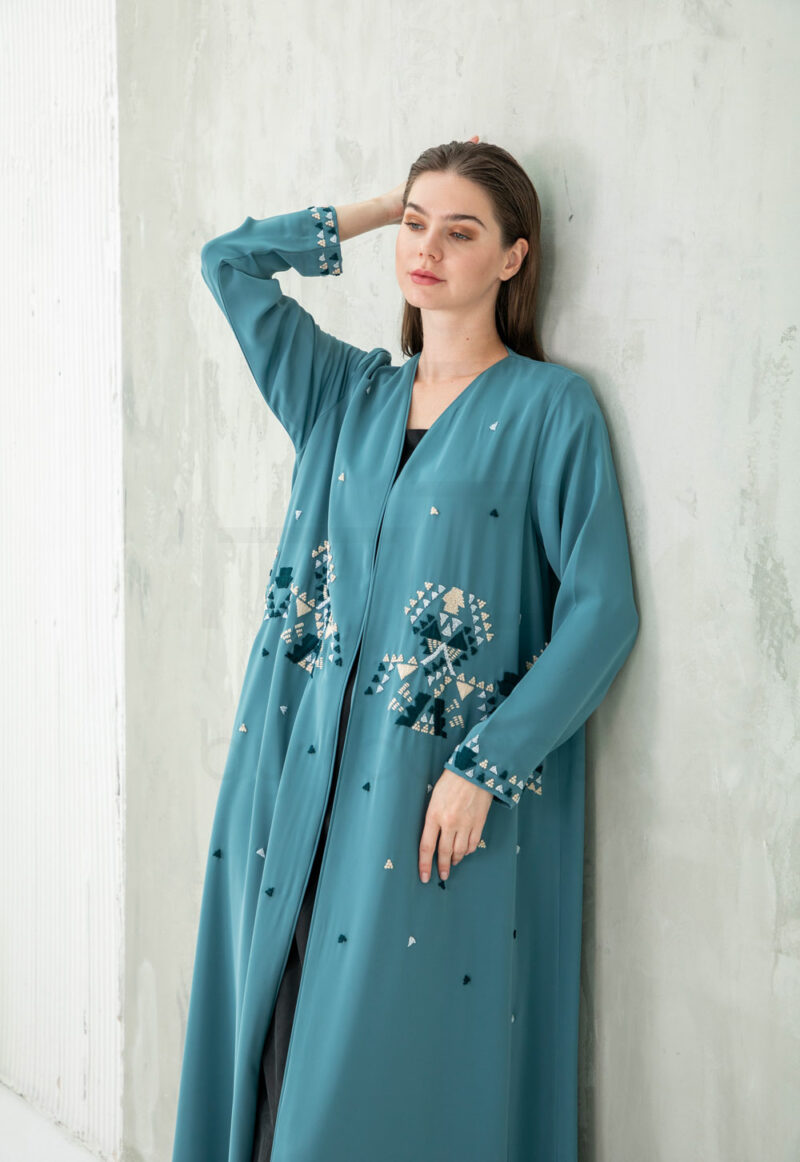 Teal Abaya with Geometric Embroidery Detail - Image 2