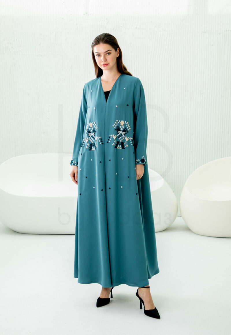 Teal Abaya with Geometric Embroidery Detail - Image 3