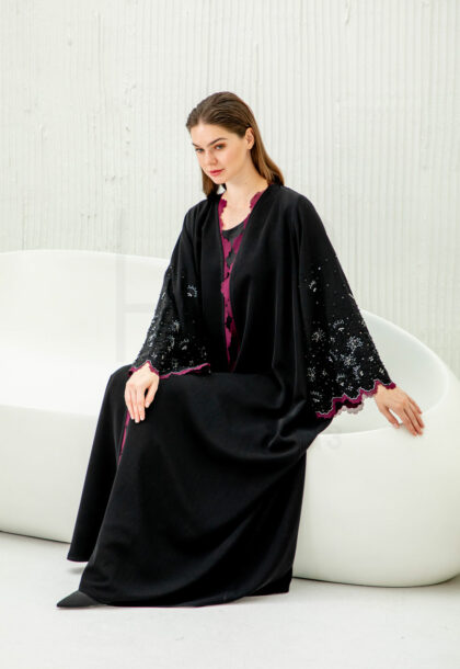 Black & Plum Abaya with Beaded Scalloped Trim Detail
