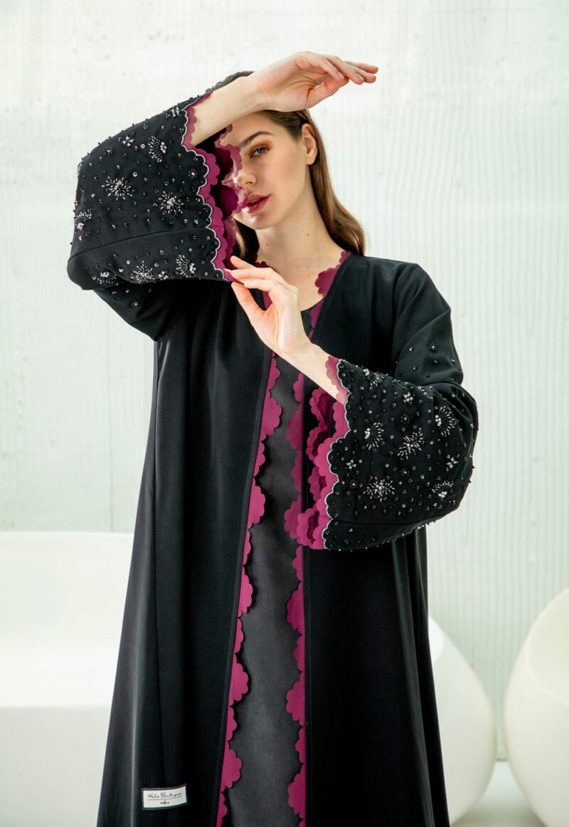 Black & Plum Abaya with Beaded Scalloped Trim Detail - Image 2