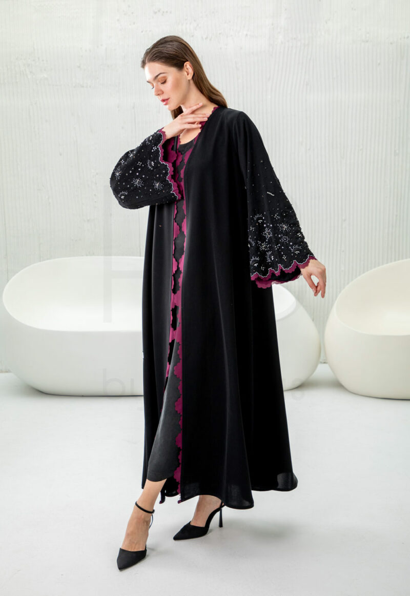 Black & Plum Abaya with Beaded Scalloped Trim Detail - Image 3