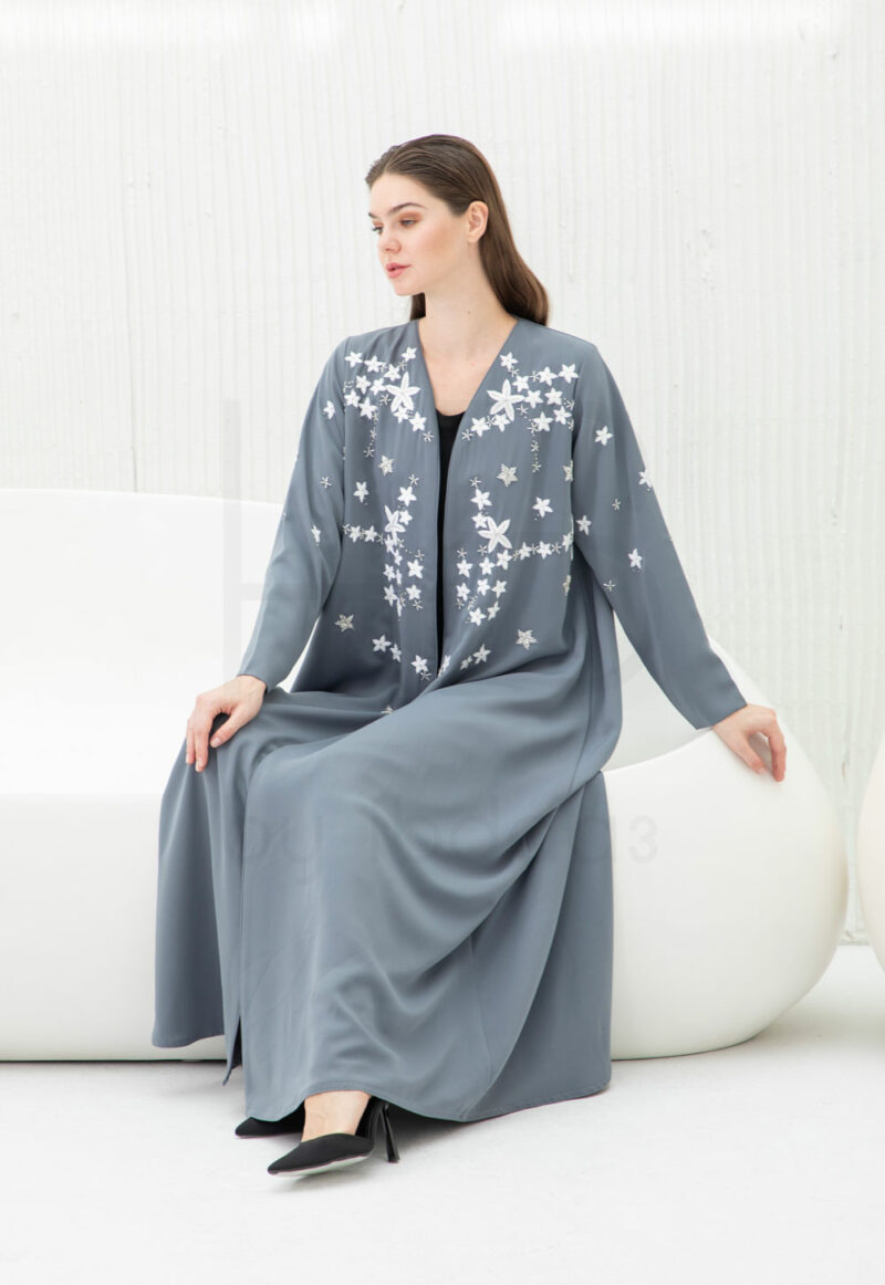 Grey Abaya with Embroidered Star Pattern Detail