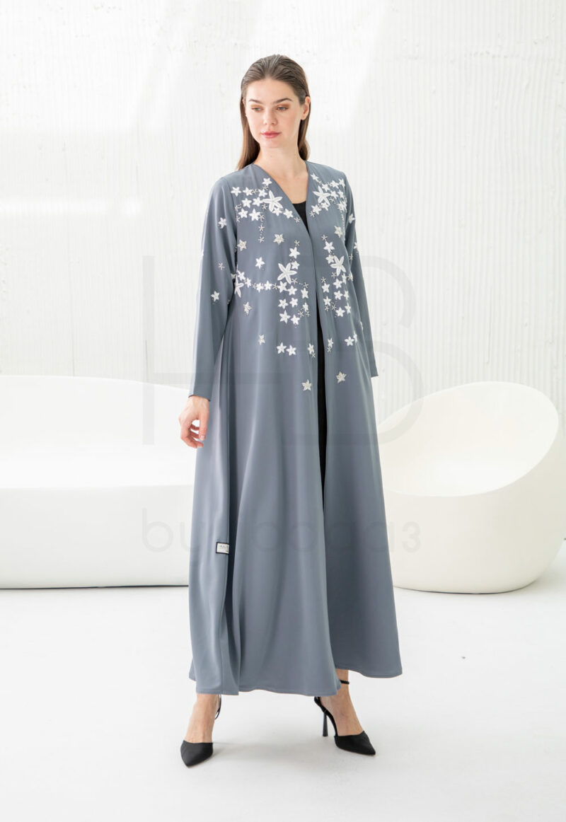 Grey Abaya with Embroidered Star Pattern Detail - Image 2