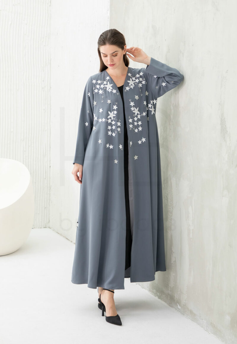 Grey Abaya with Embroidered Star Pattern Detail - Image 3
