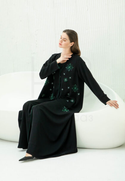 Black Embroidered Abaya with Starburst Beaded Detail