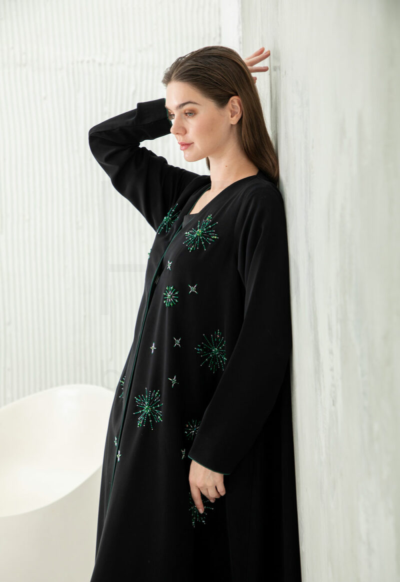 Black Embroidered Abaya with Starburst Beaded Detail - Image 2