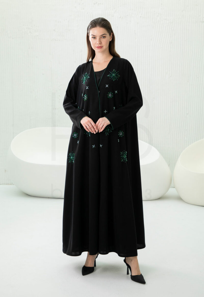 Black Embroidered Abaya with Starburst Beaded Detail - Image 3