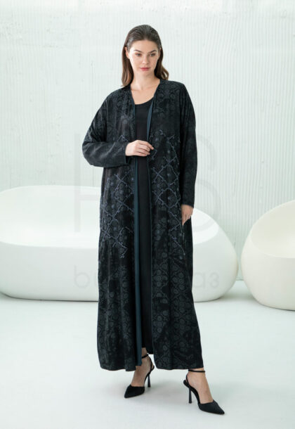Dark Navy Embroidered Abaya with Geometric Pattern Detail