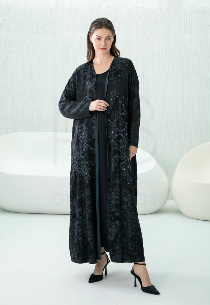 Dark Navy Embroidered Abaya with Geometric Pattern Detail