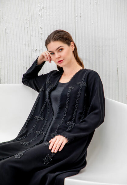 Black Embroidered Abaya with Vertical Beaded Trim Detail