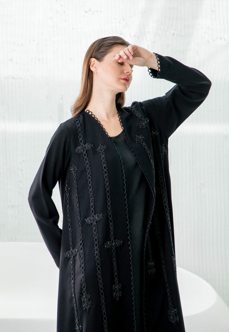 Black Embroidered Abaya with Vertical Beaded Trim Detail - Image 2