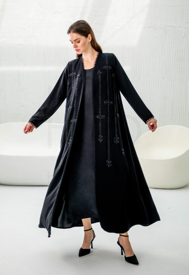 Black Embroidered Abaya with Vertical Beaded Trim Detail - Image 3