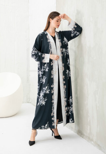 Navy Printed Abaya with White Floral & Bird Motif