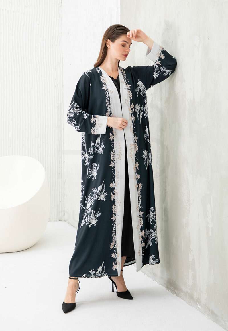 Navy Printed Abaya with White Floral & Bird Motif