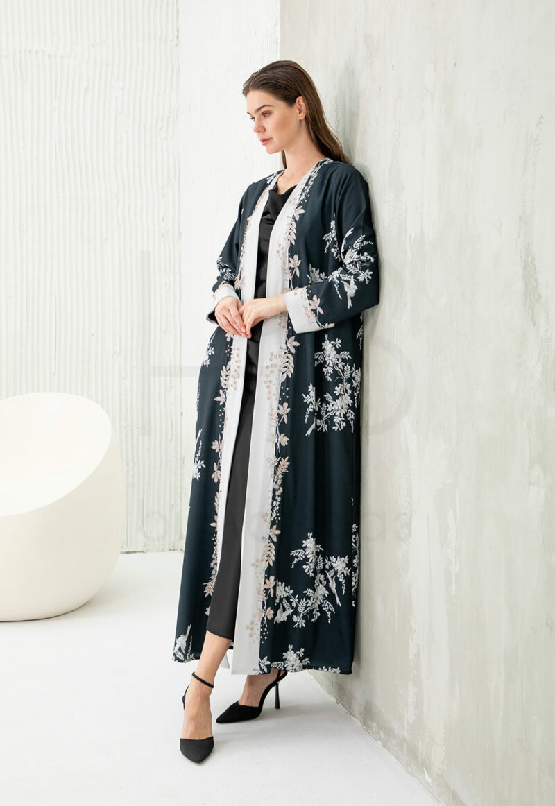Navy Printed Abaya with White Floral & Bird Motif - Image 2
