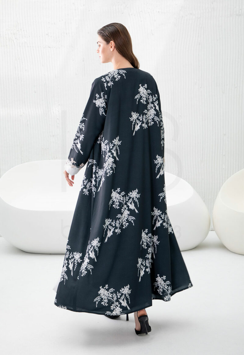 Navy Printed Abaya with White Floral & Bird Motif - Image 3