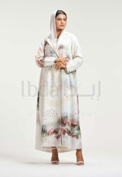 Cream Printed Abaya with Watercolor Artistic Pattern