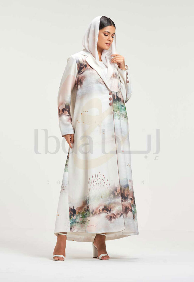 Cream Printed Abaya with Watercolor Artistic Pattern - Image 2
