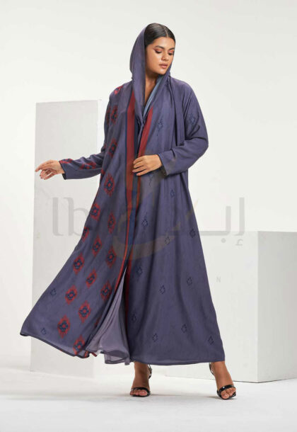 Navy Blue Printed Abaya with Red & Navy Geometric Pattern