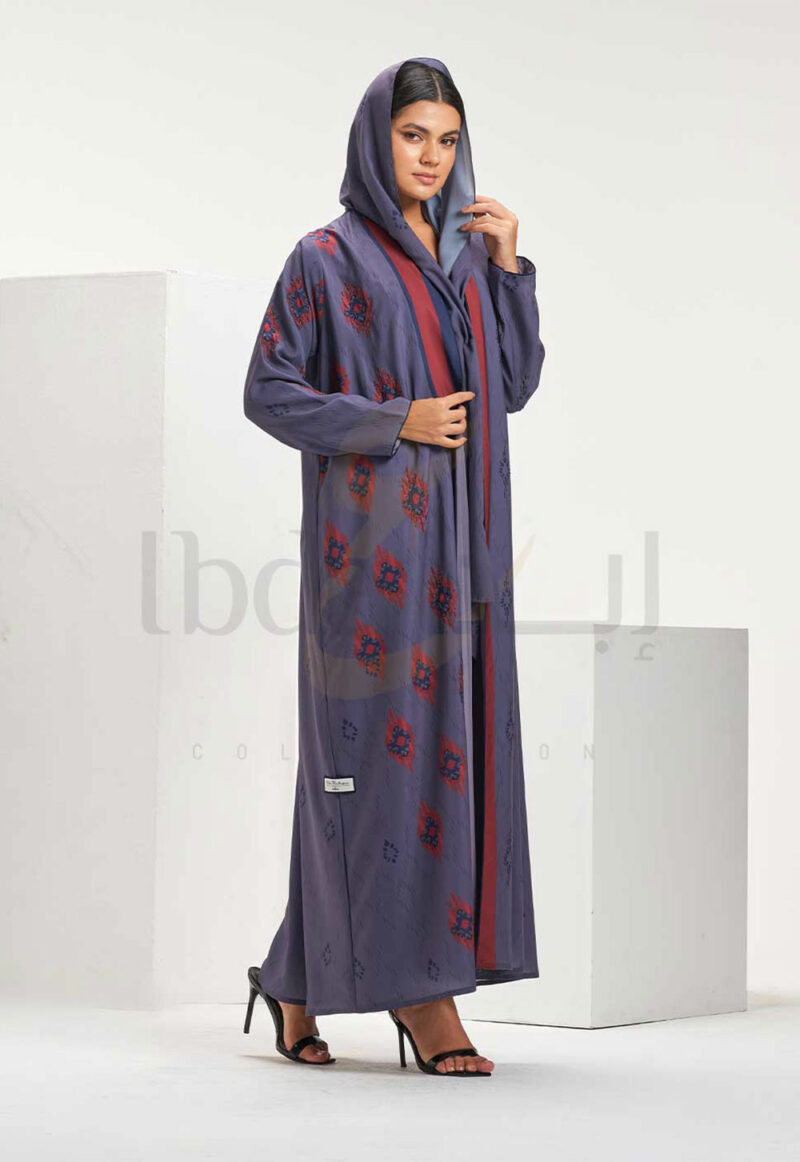 Navy Blue Printed Abaya with Red & Navy Geometric Pattern - Image 2