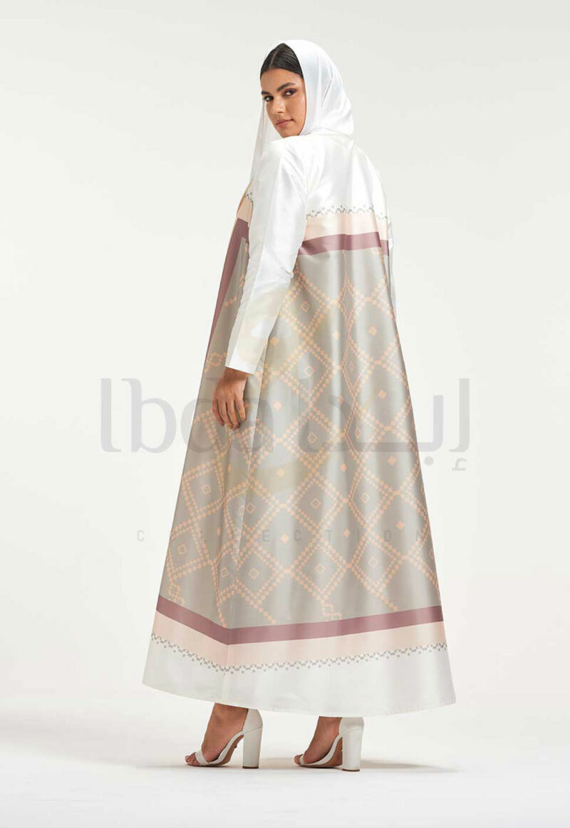 Cream & Beige Printed Abaya with Geometric Lattice Pattern - Image 2