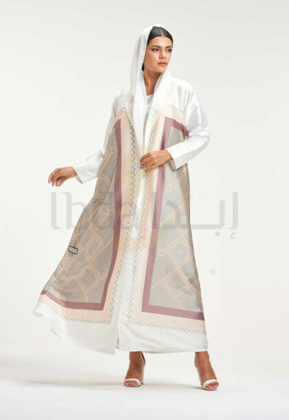 Cream & Beige Printed Abaya with Geometric Lattice Pattern